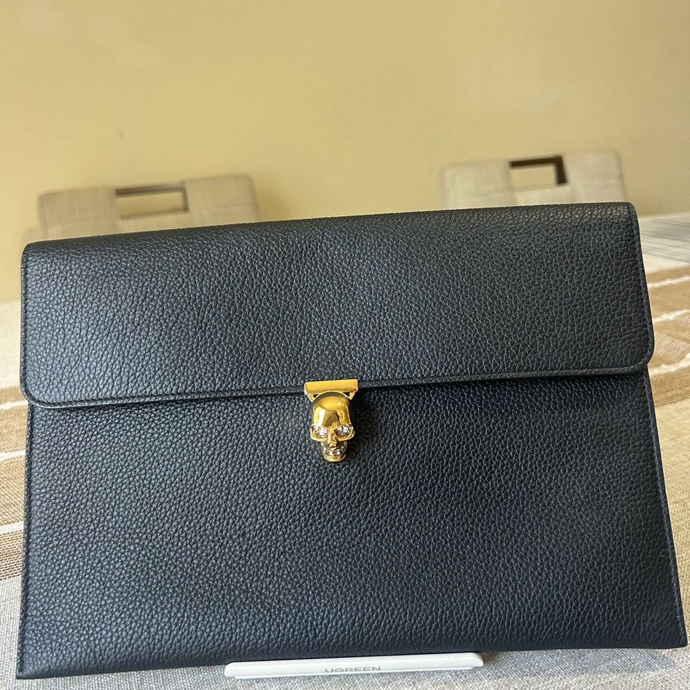 Black Leather Clutch with Gold Skull Clasp